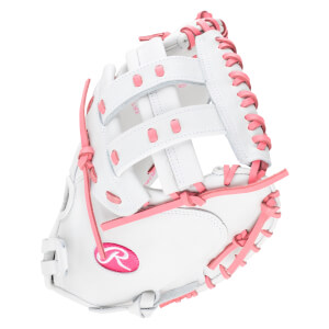 Front view of a white baseball glove with pink lacing and a pink Rawlings logo.