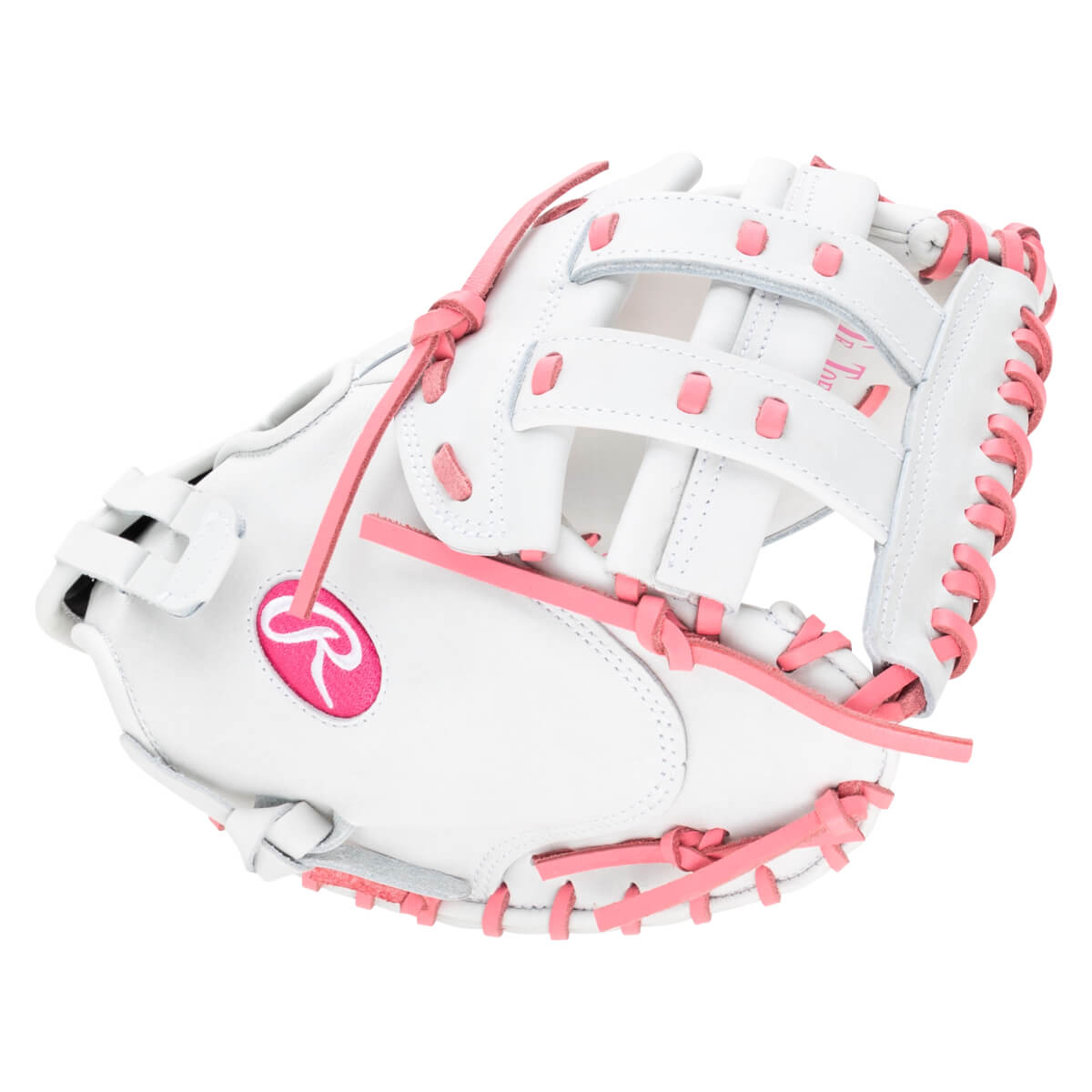 Front view of a white baseball glove with pink lacing and a pink Rawlings logo.