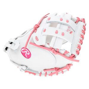Front view of a white baseball glove with pink lacing and a pink Rawlings logo.