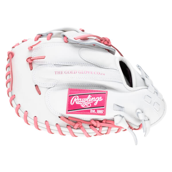 Front view of a white Rawlings baseball glove with pink lacing and a pink Rawlings logo patch.