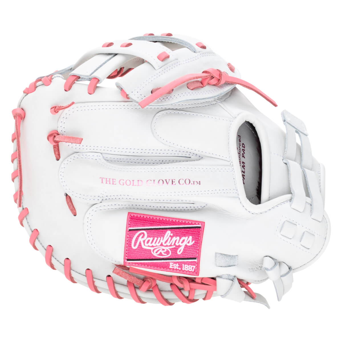 Front view of a white baseball glove with pink lacing and a pink Rawlings logo patch.