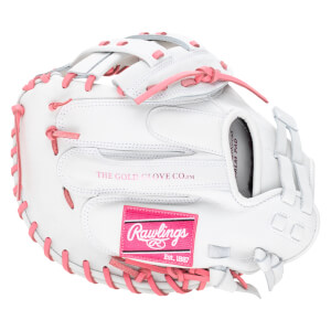 Front view of a white baseball glove with pink lacing and a pink Rawlings logo patch.
