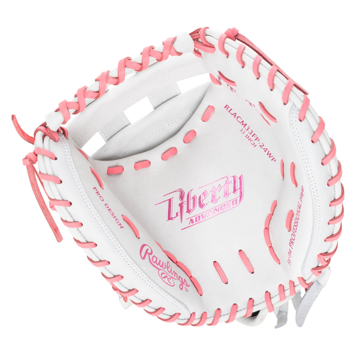 Top-down view of a white baseball glove with pink lacing and "Liberty Advanced" and "Rawlings" logos.