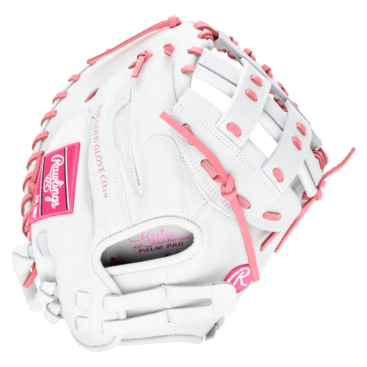 Top-down view of a white baseball glove with pink lacing and a pink Rawlings logo.