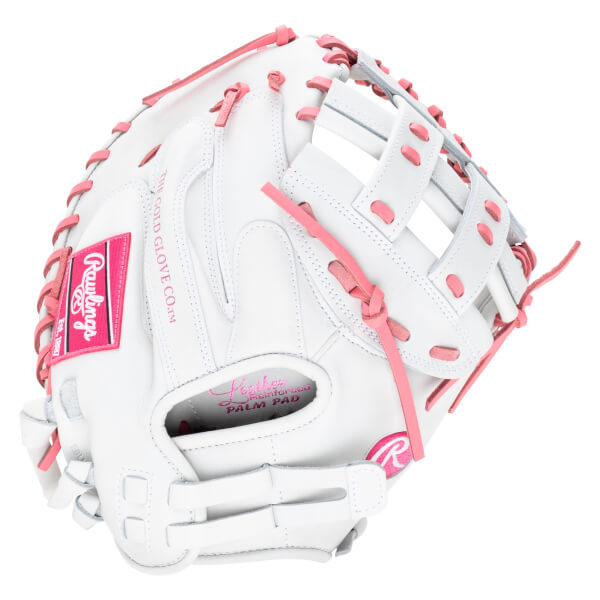 Top-down view of a white baseball glove with pink lacing and a pink Rawlings logo.