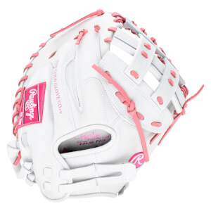 Top-down view of a white baseball glove with pink lacing and a pink Rawlings logo.