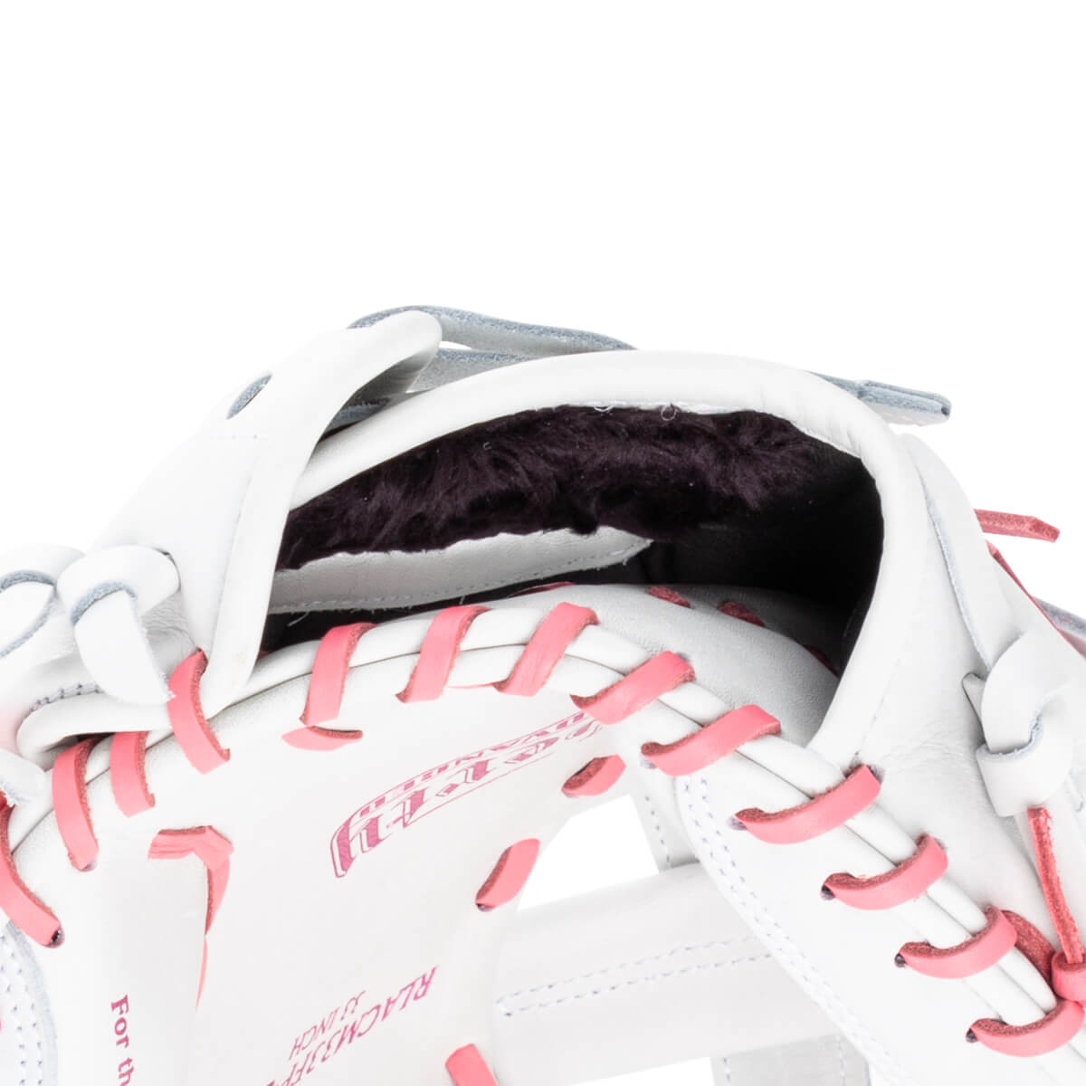 Close-up of a white baseball glove with pink lacing and "For the" text.