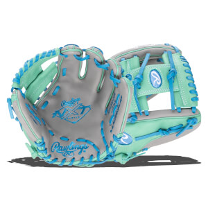 Top-down view of a gray and mint green Rawlings baseball glove with blue lacing and "Rawlings" logo.
