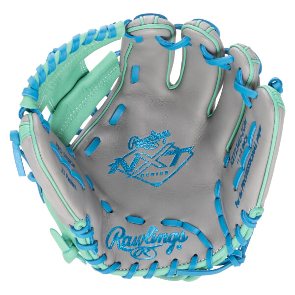Top-down view of a gray baseball glove with aqua and blue lacing, featuring "Rawlings" and "NXT SERIES" logos.