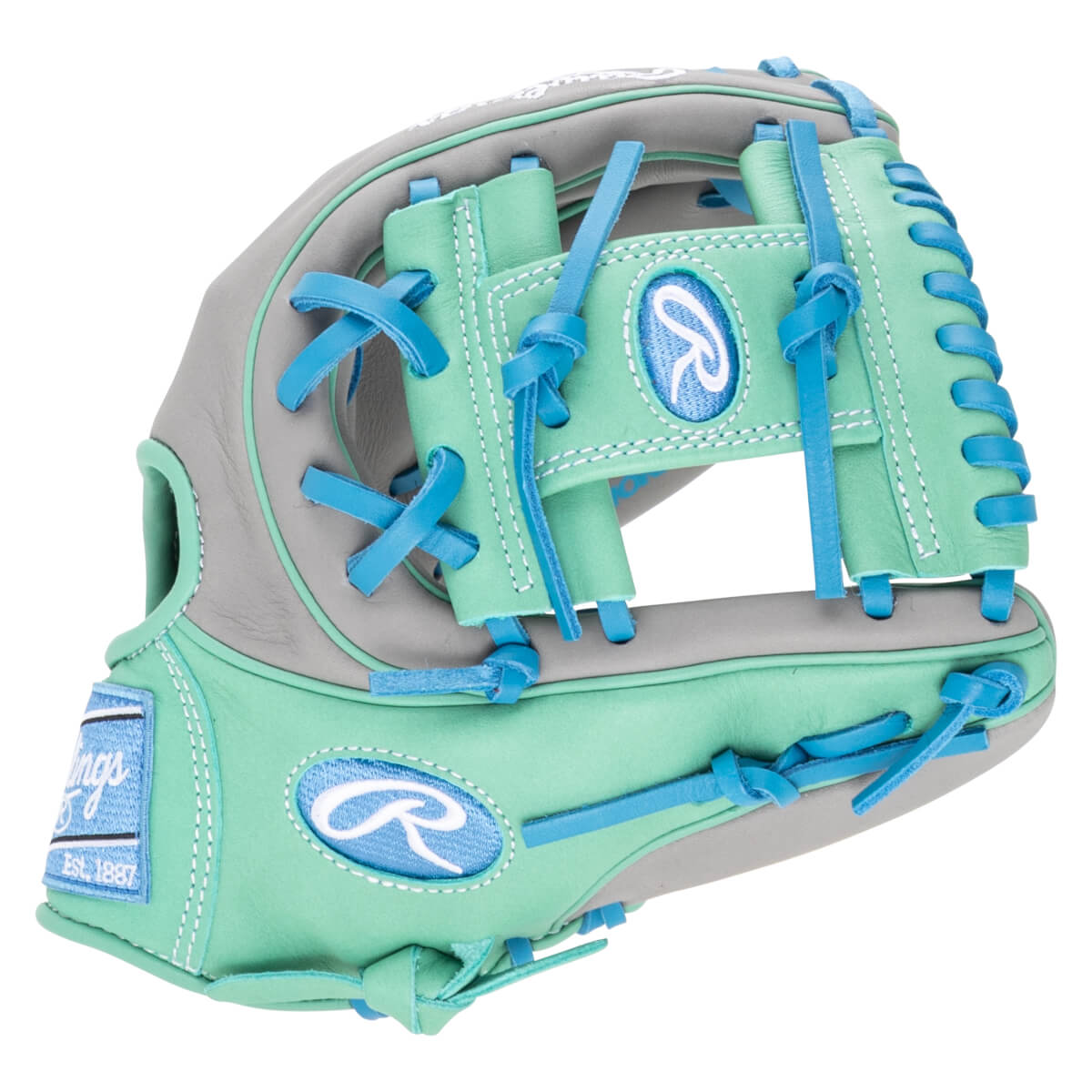 Side view of a mint green and gray baseball glove with blue lacing and Rawlings logos.