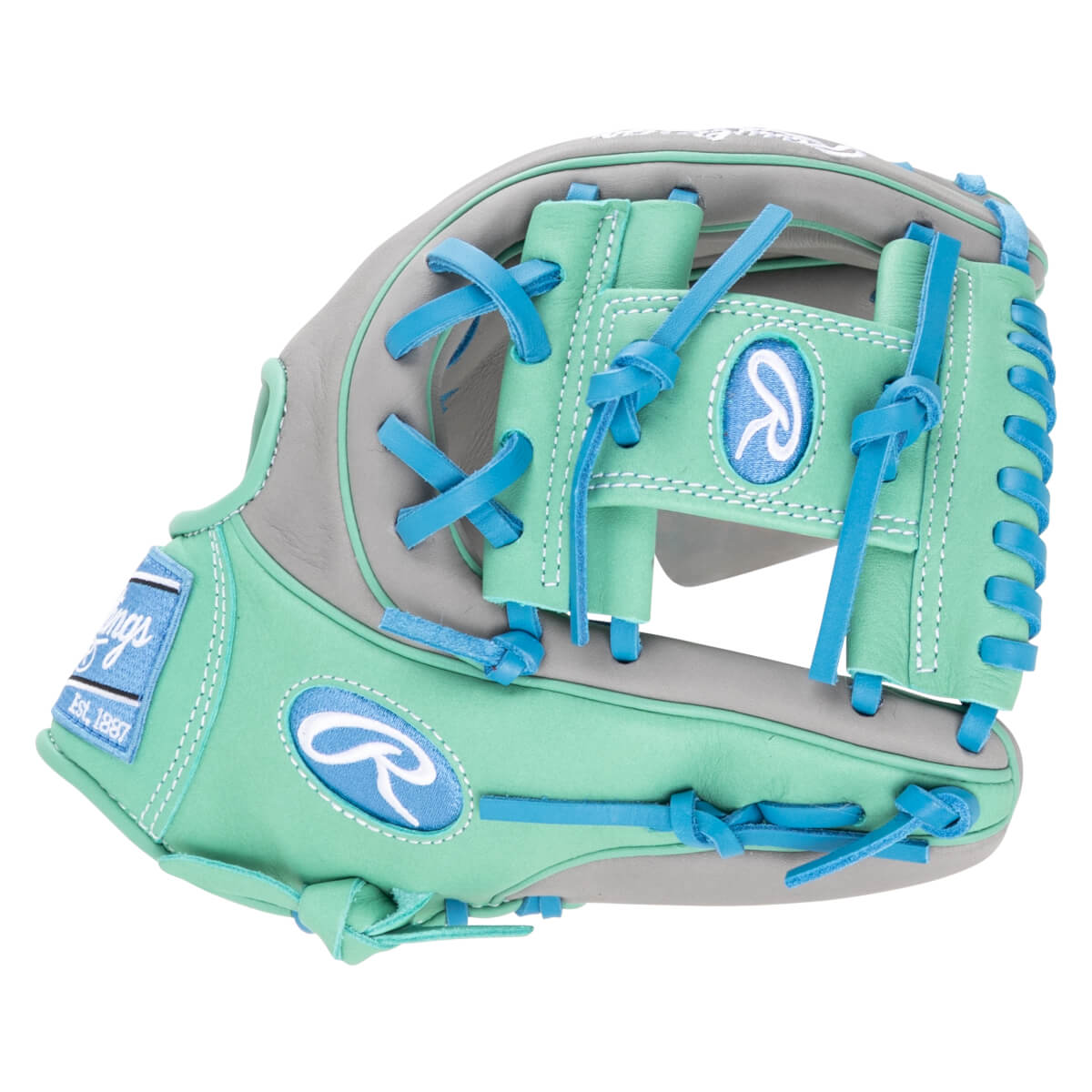 Side view of a mint green and gray baseball glove with blue lacing and Rawlings logos.
