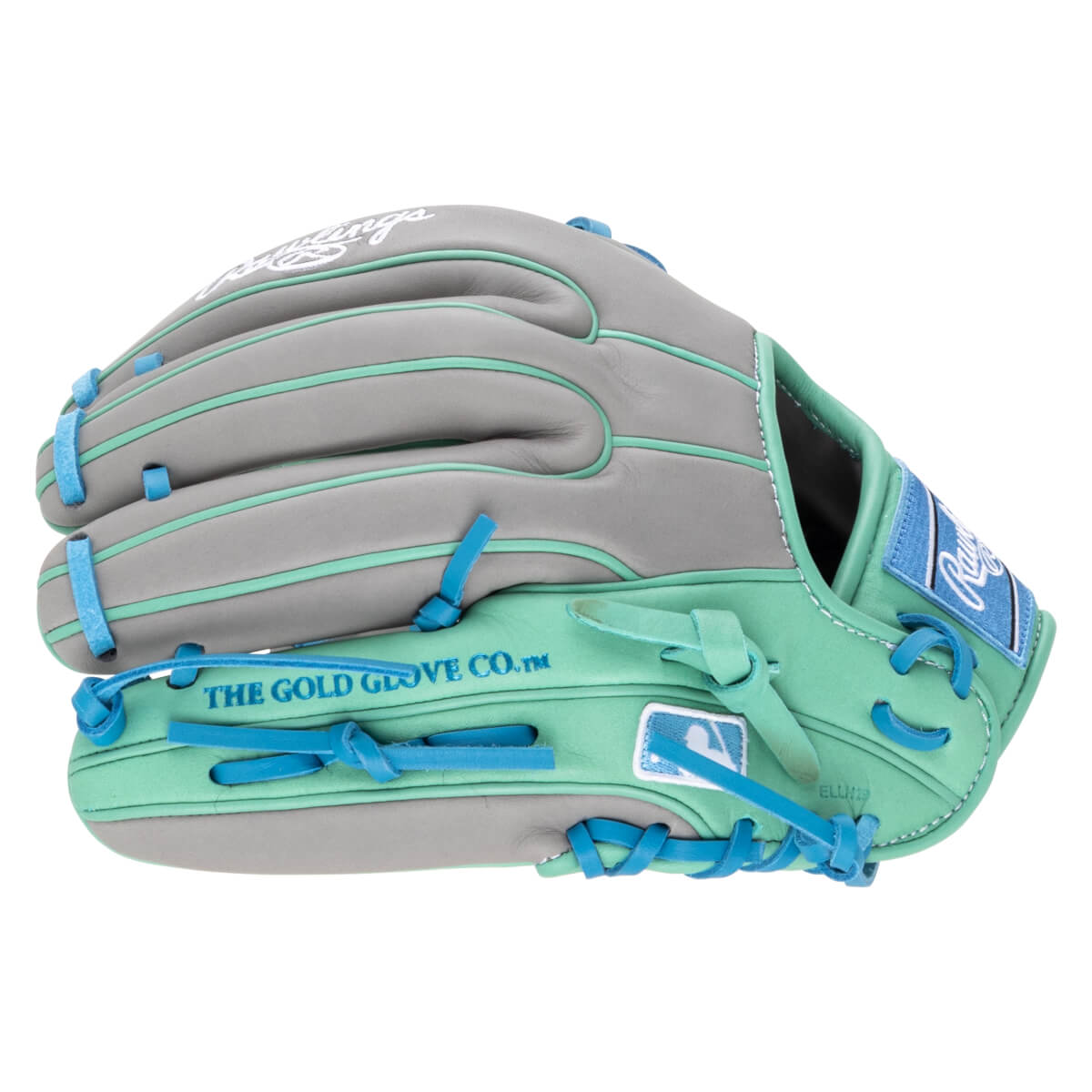 Side view of a gray and mint green baseball glove with blue lacing and "THE GOLD GLOVE CO.â„¢" text.