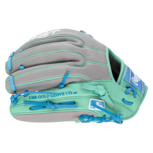 Side view of a gray and mint green baseball glove with blue lacing and "THE GOLD GLOVE CO.â„¢" text.