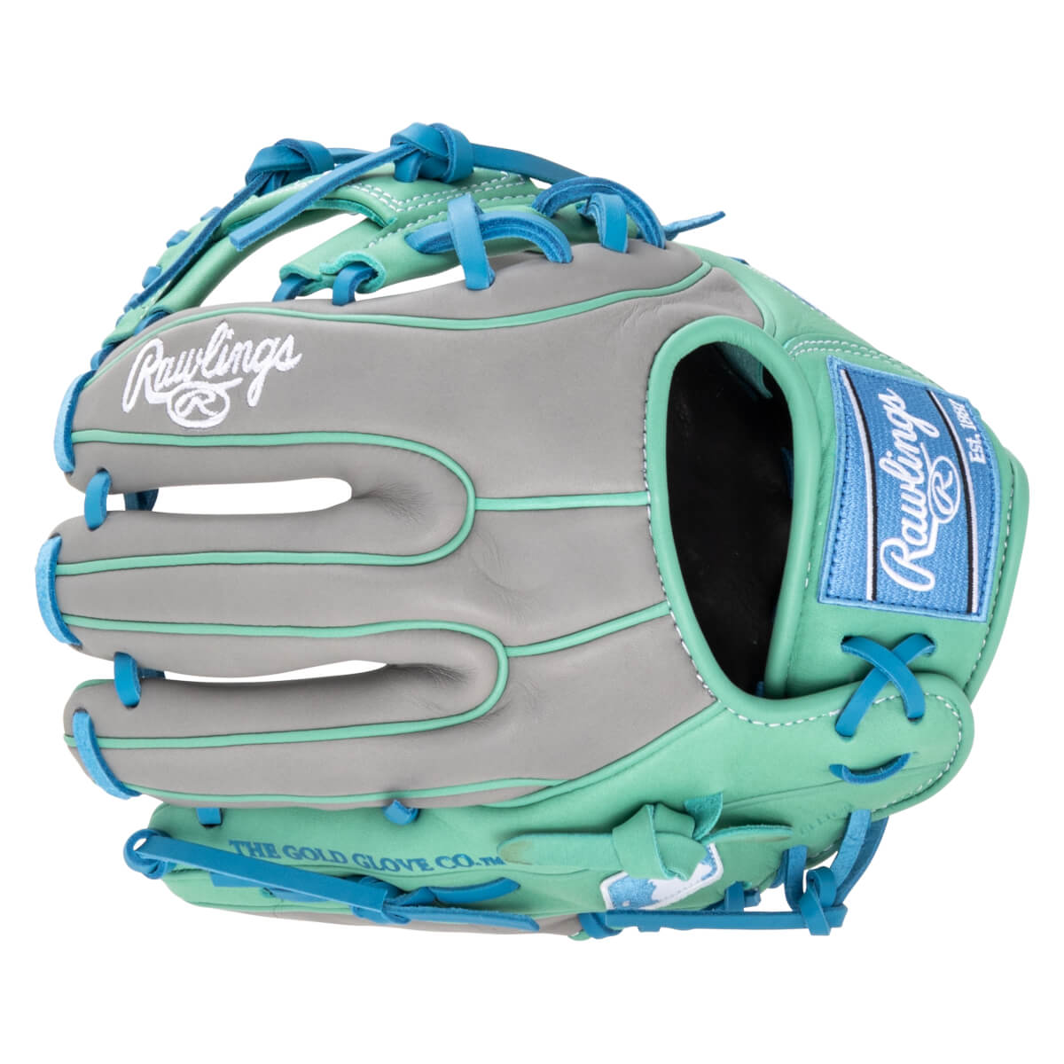 Side view of a grey and mint green Rawlings baseball glove with blue lacing and a blue patch with "Rawlings Est. 1887".
