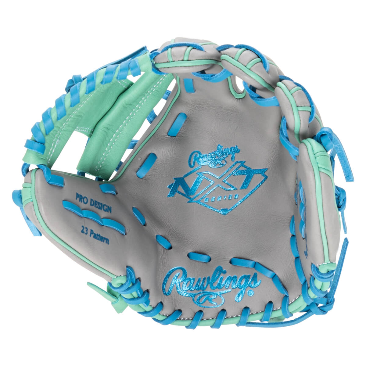 Top-down view of a gray baseball glove with aqua and blue lacing, featuring "Rawlings" and "PRO DESIGN 23 Pattern" text.
