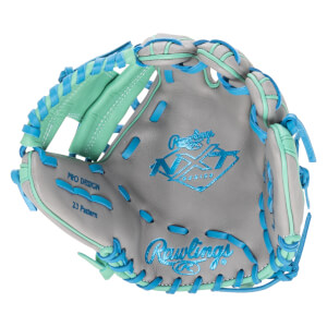 Top-down view of a gray baseball glove with aqua and blue lacing, featuring "Rawlings" and "PRO DESIGN 23 Pattern" text.