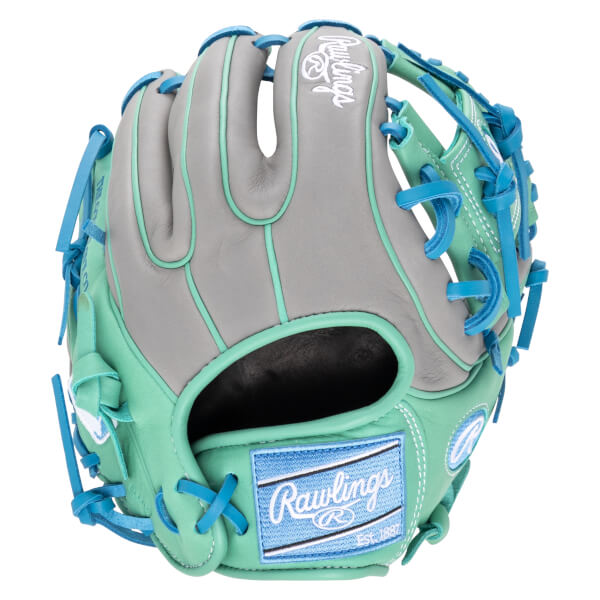 Front view of a mint green and gray baseball glove with blue lacing and a Rawlings logo patch.