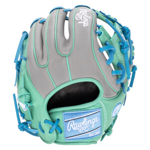 Front view of a mint green and gray baseball glove with blue lacing and a Rawlings logo patch.