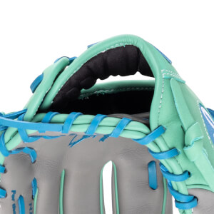 Close-up of a teal baseball glove with gray palm and blue lacing.