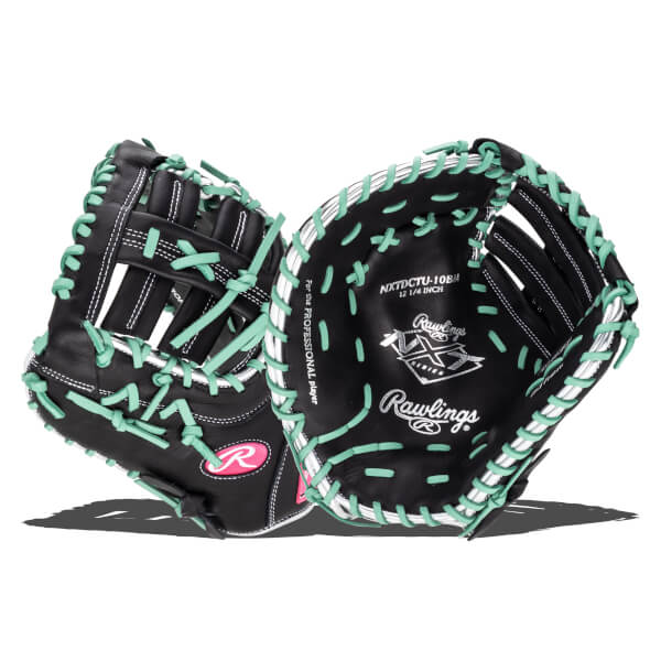 Inside view of a black Rawlings baseball glove with mint green lacing and white stitching.