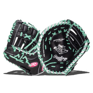 Inside view of a black Rawlings baseball glove with mint green lacing and white stitching.