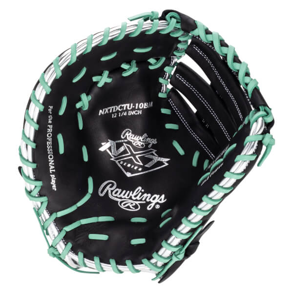 Top-down view of a black Rawlings baseball glove with mint green lacing and silver accents.