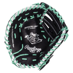 Top-down view of a black Rawlings baseball glove with mint green lacing and silver accents.