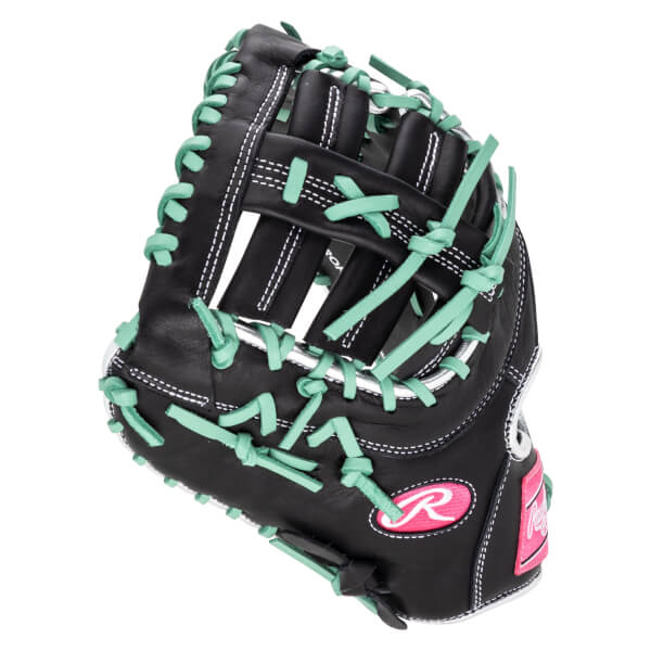 Side view of a black baseball glove with mint green lacing and a pink Rawlings logo.