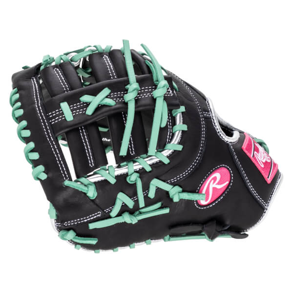 Side view of a black baseball glove with bright green lacing and a pink "R" logo.