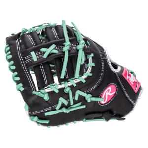 Side view of a black baseball glove with bright green lacing and a pink "R" logo.