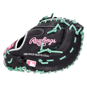 Front view of a black baseball glove with pink Rawlings logo, mint green lacing, and MLB logo.