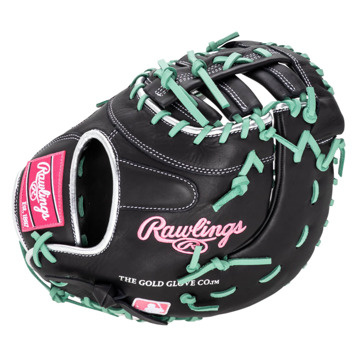 Front view of a black Rawlings catcher's mitt with mint green lacing and pink accents.