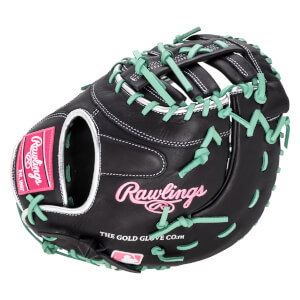 Front view of a black Rawlings catcher's mitt with mint green lacing and pink accents.