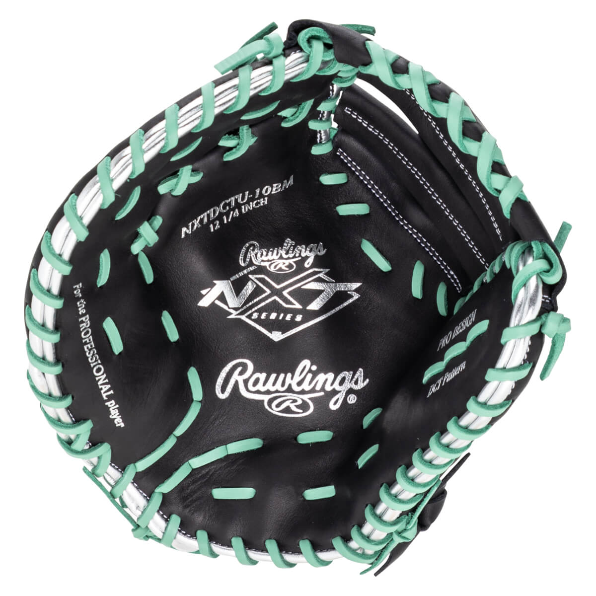 Top-down view of a black Rawlings glove with mint green lacing and silver accents, showing "Rawlings" and "NXT SERIES" logos.