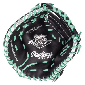 Top-down view of a black Rawlings glove with mint green lacing and silver accents, showing "Rawlings" and "NXT SERIES" logos.