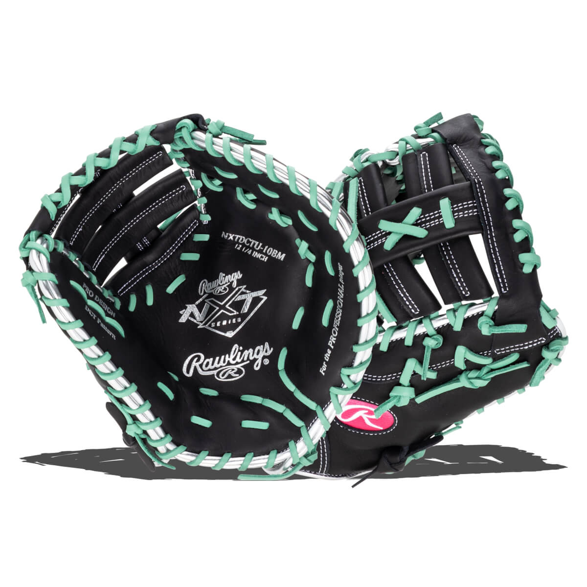 Front view of a black Rawlings NXT glove with mint green lacing and white stitching.