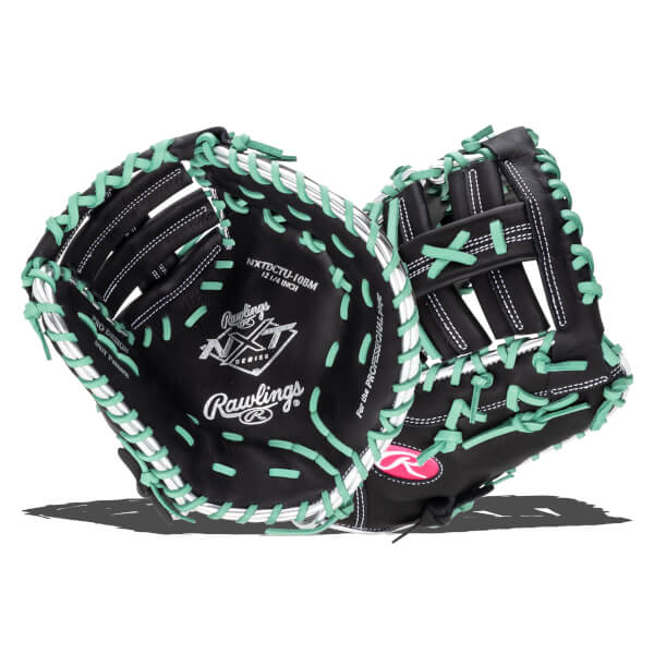 Front view of a black Rawlings NXT glove with mint green lacing and white stitching.