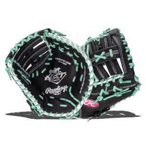 Front view of a black Rawlings NXT glove with mint green lacing and white stitching.