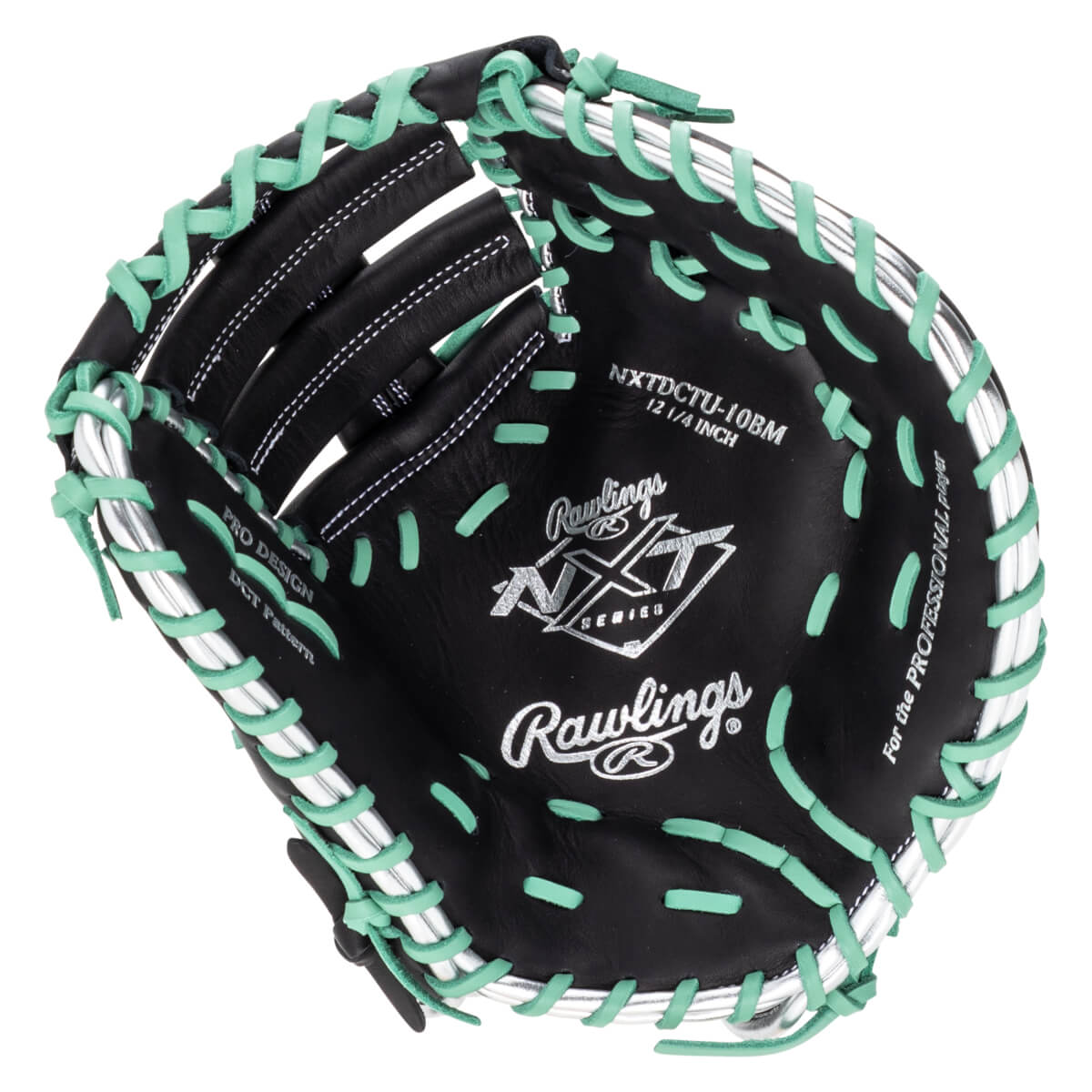Top-down view of a black Rawlings NXT baseball glove with mint green lacing and silver accents.