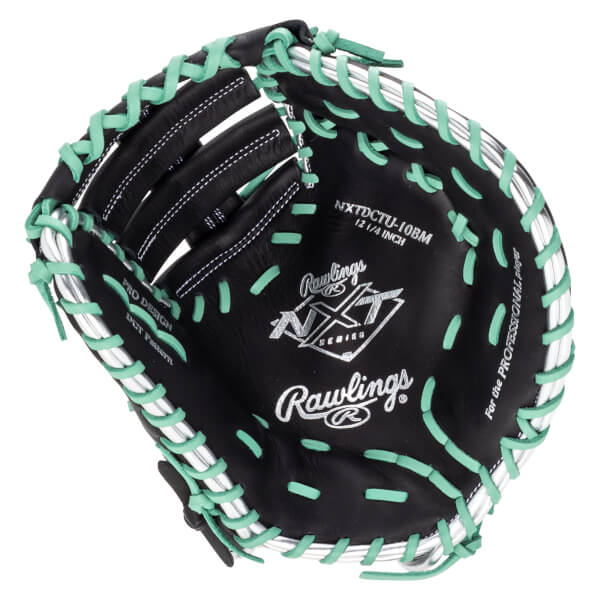 Top-down view of a black Rawlings NXT baseball glove with mint green lacing and silver accents.