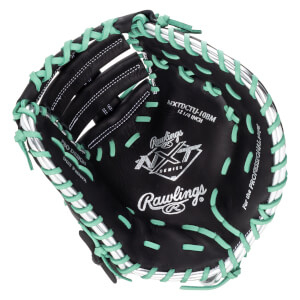 Top-down view of a black Rawlings NXT baseball glove with mint green lacing and silver accents.