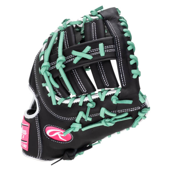 Side view of a black baseball glove with mint green lacing and white stitching, featuring a pink Rawlings logo.