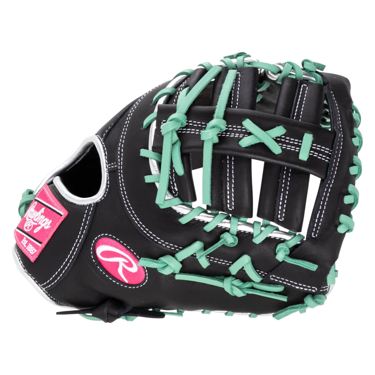 Side view of a black baseball glove with bright green lacing and white stitching, featuring a pink Rawlings logo patch.
