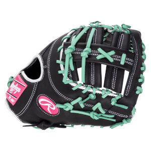 Side view of a black baseball glove with bright green lacing and white stitching, featuring a pink Rawlings logo patch.
