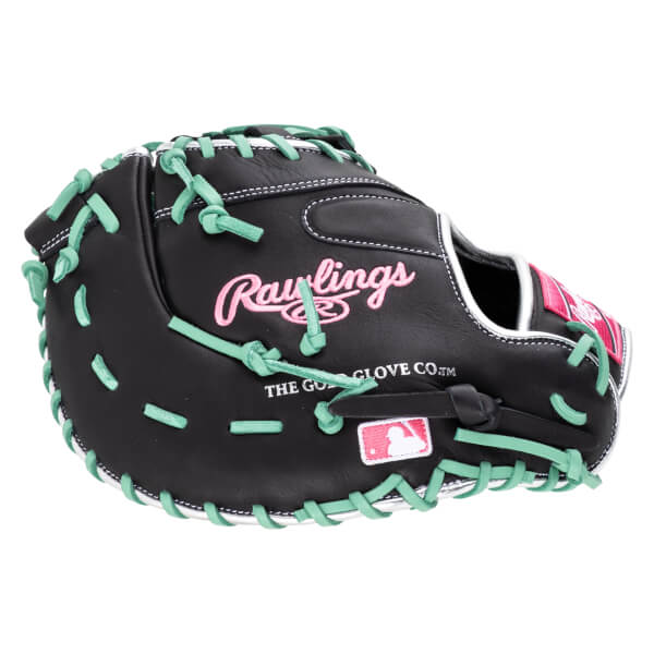 Front view of a black Rawlings baseball glove with pink stitching and mint green lacing.