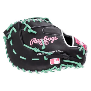 Front view of a black Rawlings baseball glove with pink stitching and mint green lacing.
