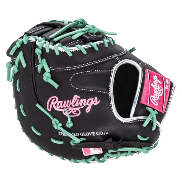 Front view of a black baseball glove with mint green lacing, pink "Rawlings" embroidery, and a pink Rawlings patch.