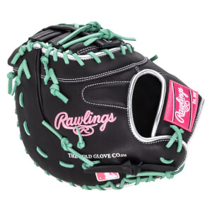 Front view of a black baseball glove with mint green lacing, pink "Rawlings" embroidery, and a pink Rawlings patch.