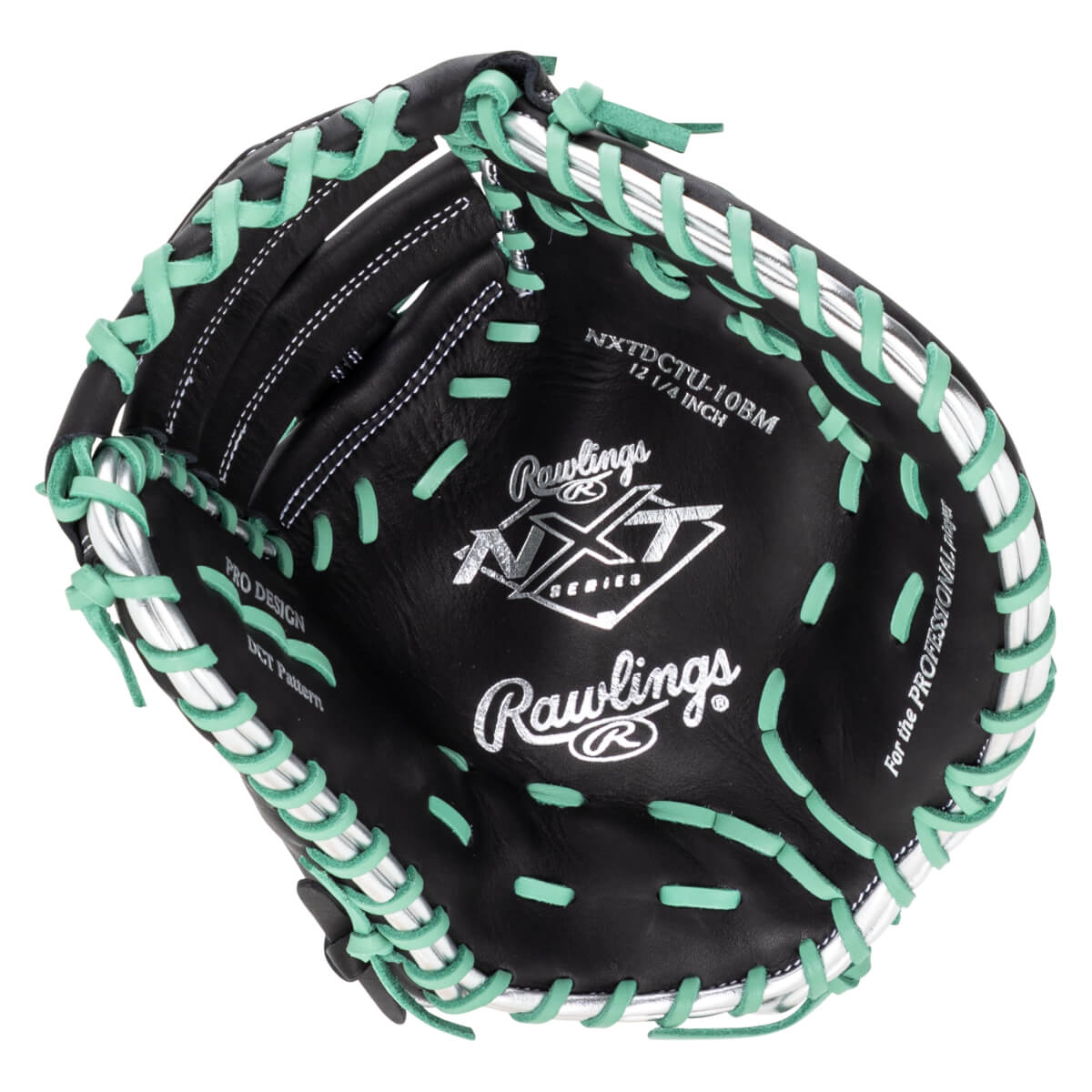 Top-down view of a black Rawlings NXT Series baseball glove with mint green lacing and silver accents.