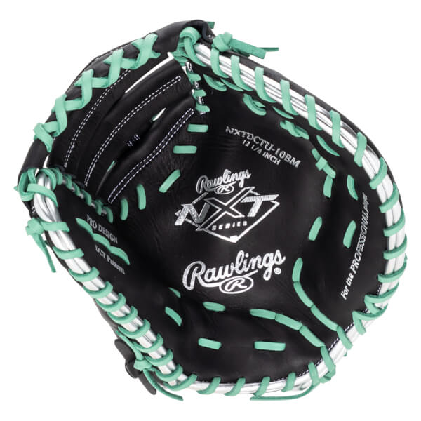 Top-down view of a black Rawlings NXT Series baseball glove with mint green lacing and silver accents.